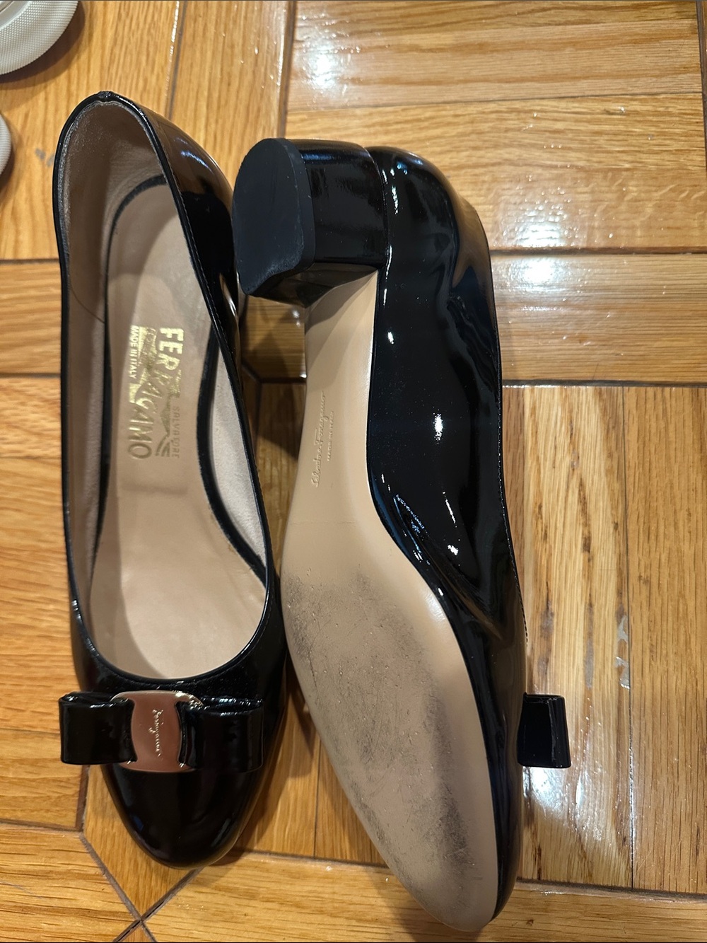 Salvatore Ferragamo Black Patent Leather Vara Bow Heels